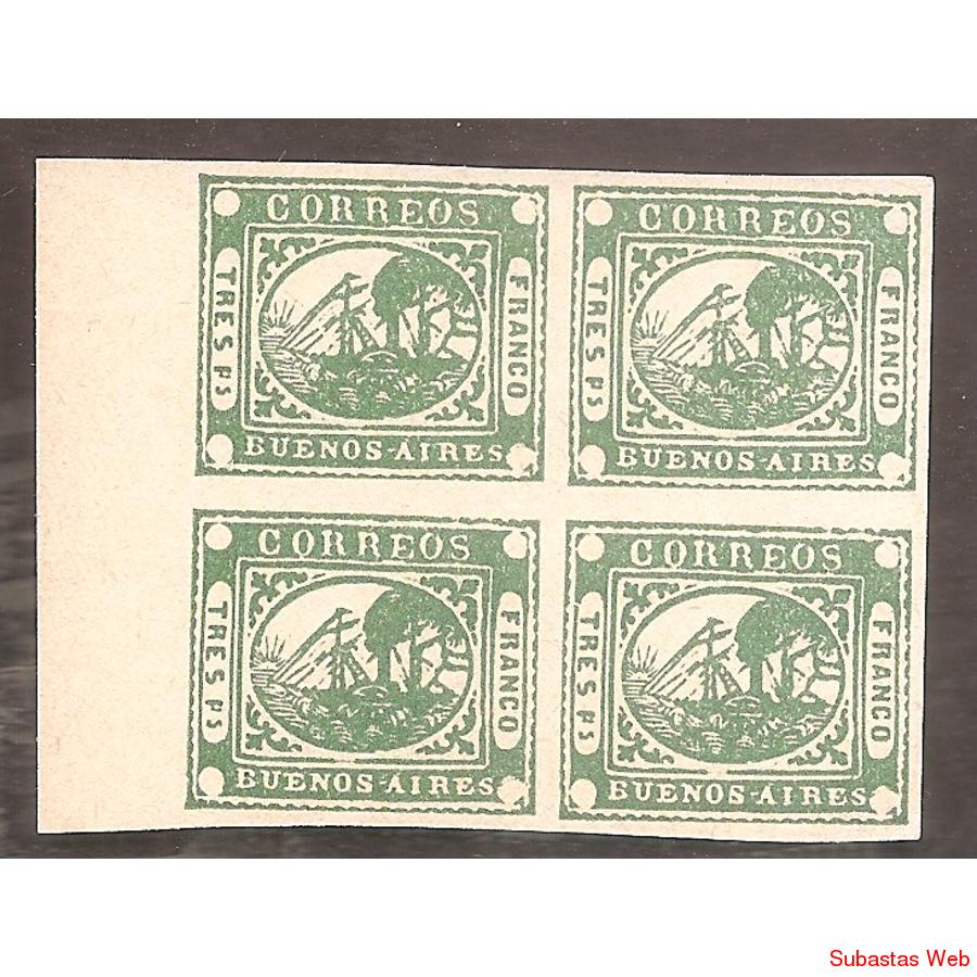 ARGENTINA 1858 BARQUITO  TRES Ps,  CUADRITO REIMPRESION
