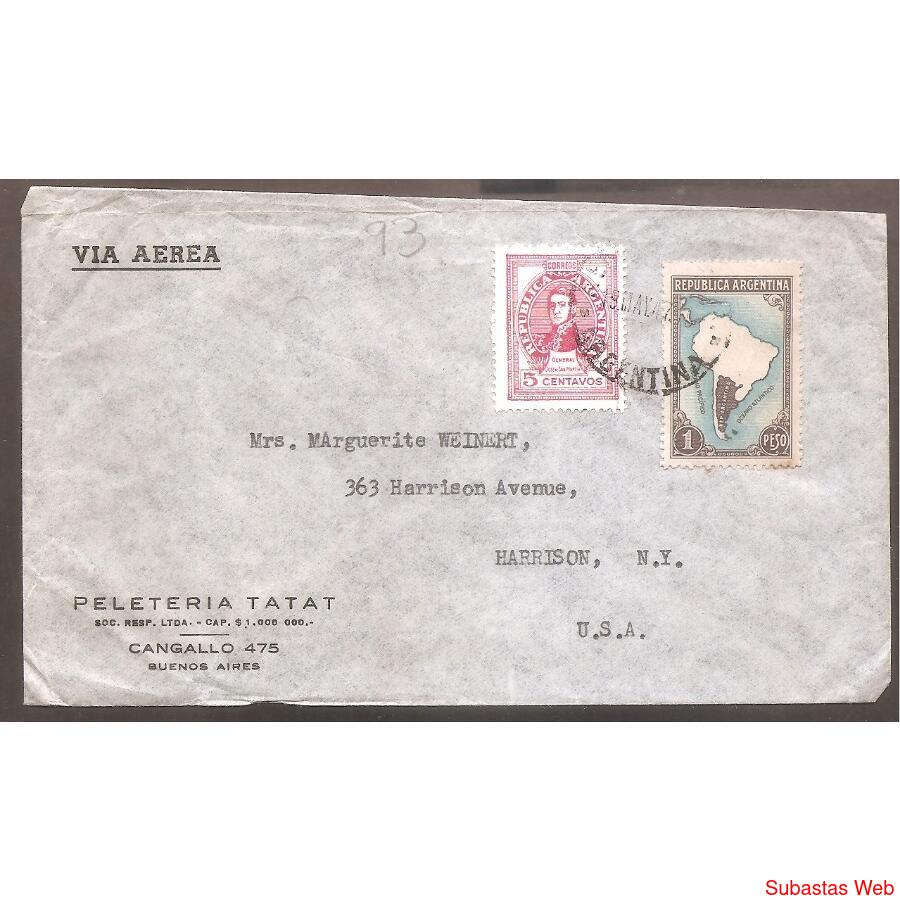 ARGENTINA 1947 SOBRE CIRCULADO NUMERO 93