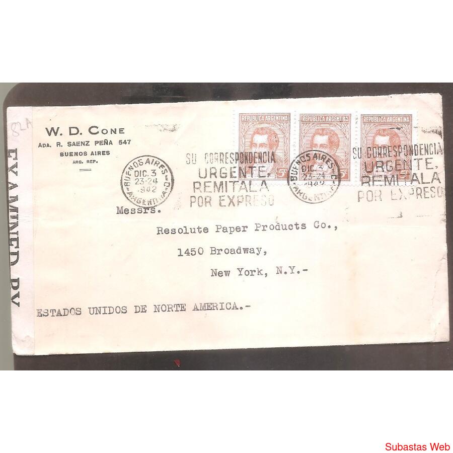 ARGENTINA 1942 SOBRE CIRCULADO NUMERO 82A