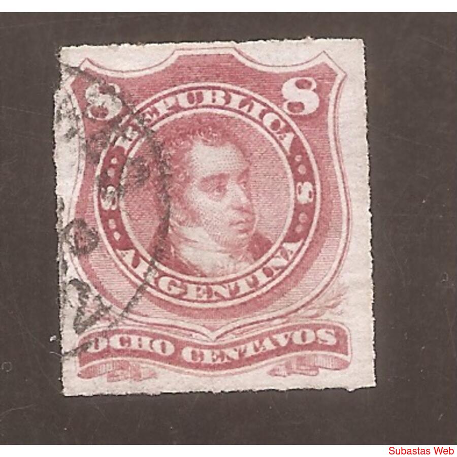 ARGENTINA 1876(33) PROCERES: RIVADAVIA CORTADO LINEA USADA