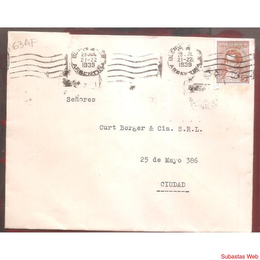 ARGENTINA  1939  SOBRE CIRCULADO NUMERO 63AF