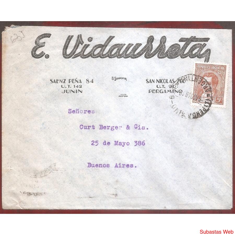 ARGENTINA 1939 SOBRE CIRCULADO NUMERO  63I
