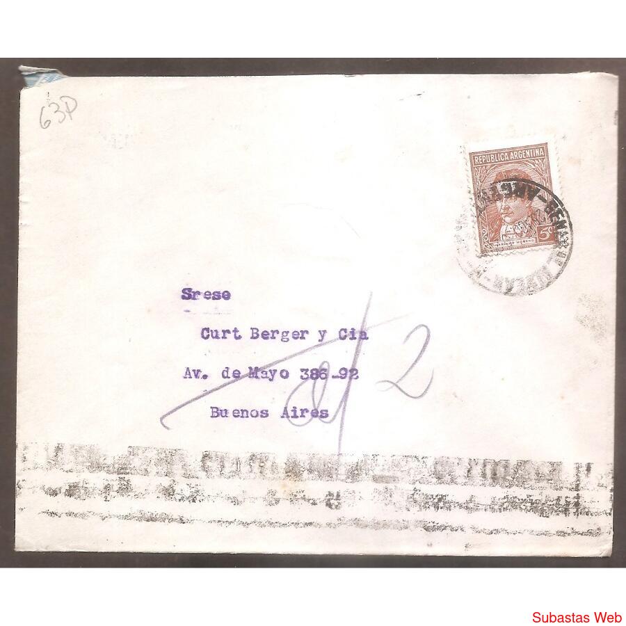 ARGENTINA 1939  SOBRE CIRCULADO NUMERO  63P