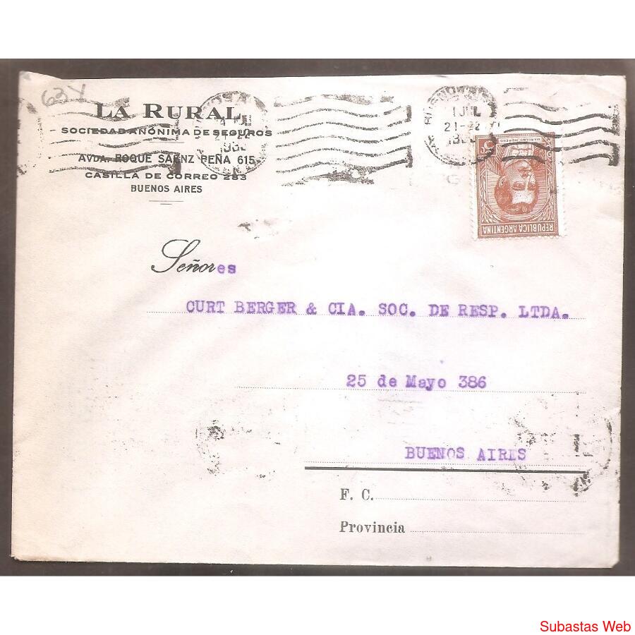 ARGENTINA  1939  SOBRE CIRCULADO NUMERO  63Y