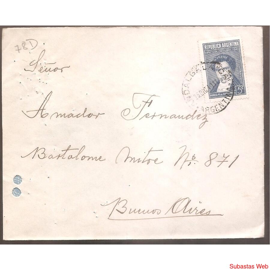 ARGENTINA 1941  SOBRE CIRCULADO  NUMERO  78D