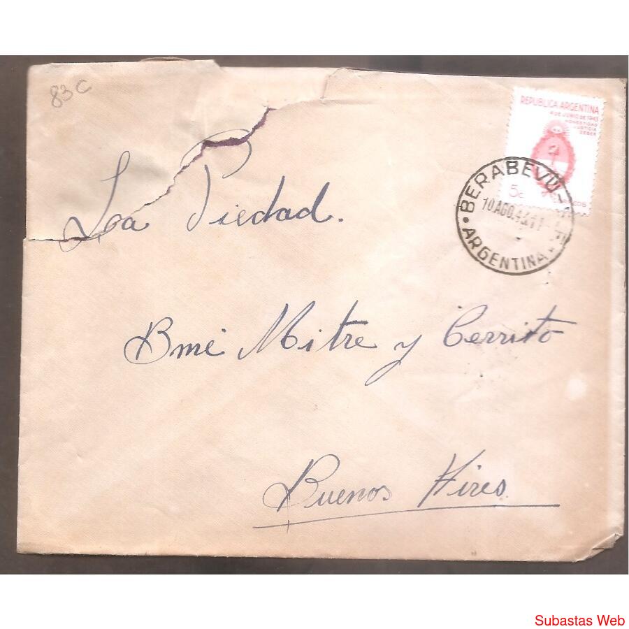 ARGENTINA  1943 SOBRE CIRCULADO NUMERO 83C