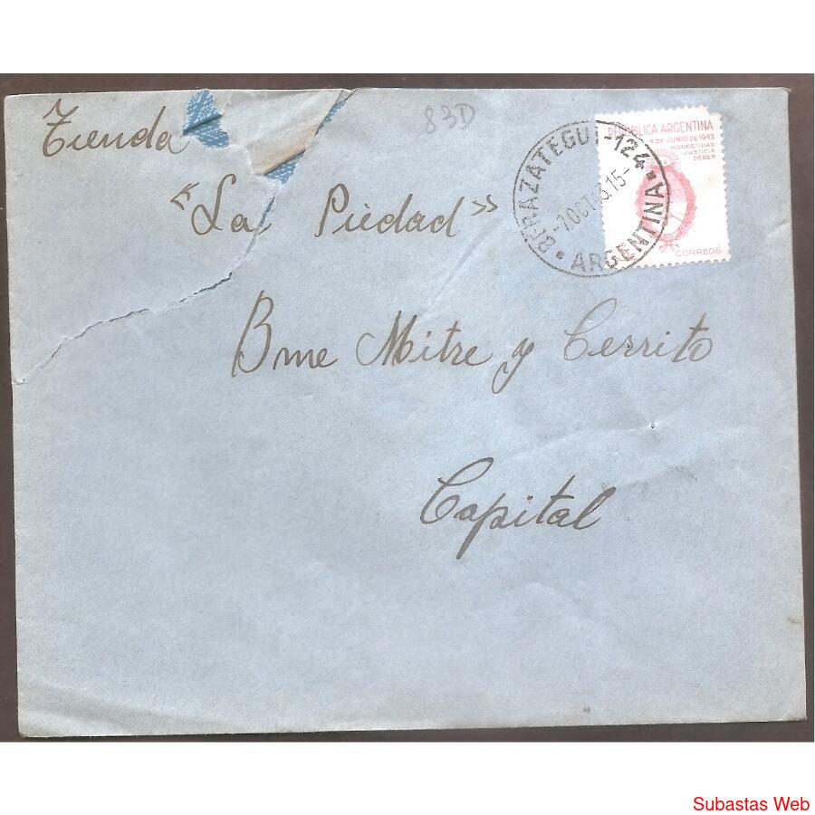 ARGENTINA 1943  SOBRE CIRCULADO NUMERO 83D
