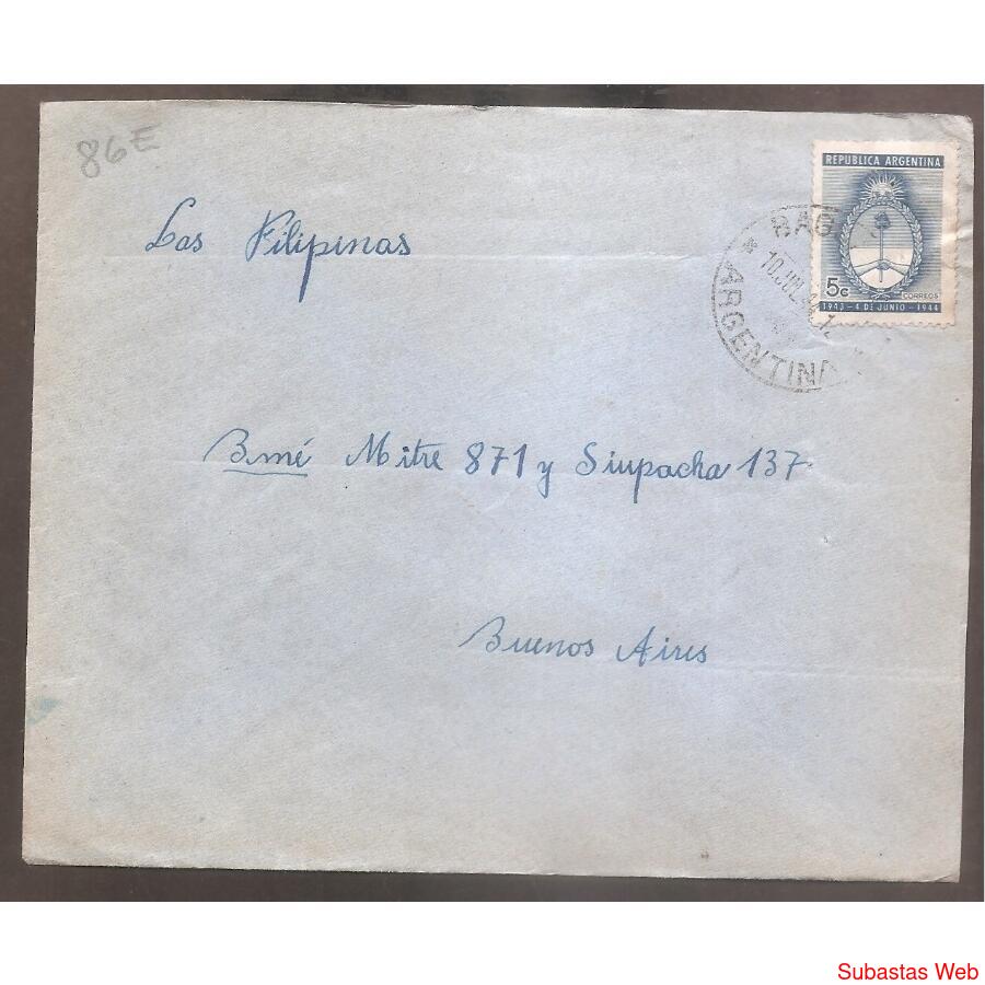 ARGENTINA 1944  SOBRE CIRCULADO NUMERO  86E