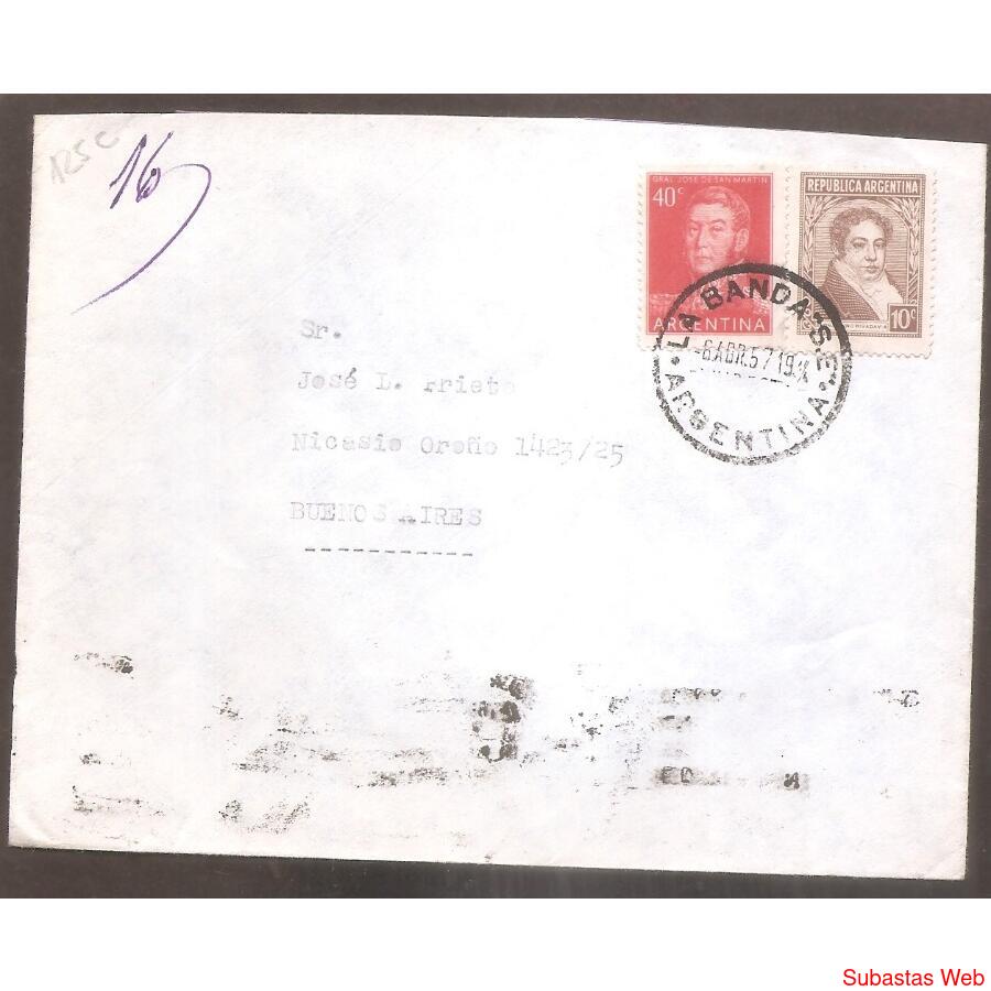 ARGENTINA 1957 SOBRE CIRCULADO NUMERO  125C