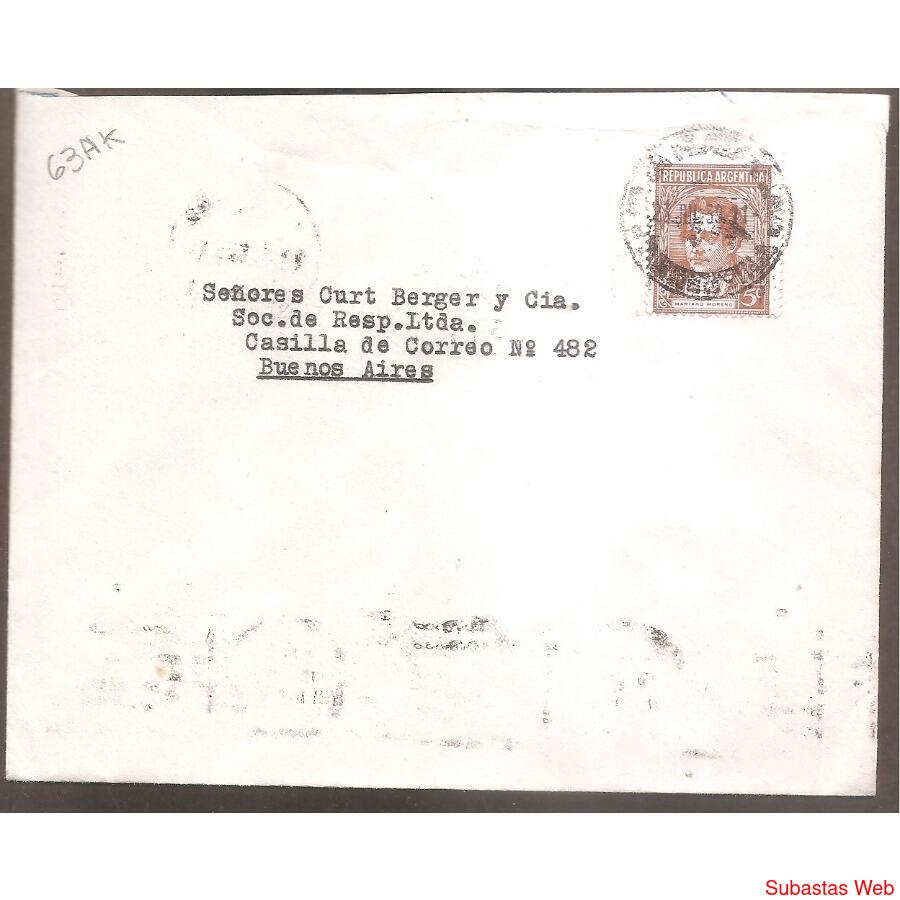 ARGENTINA 1939  SOBRE CIRCULADO NUMERO  63AK