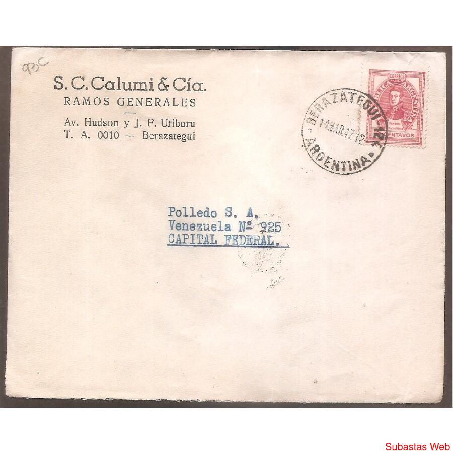 ARGENTINA  1947  SOBRE CIRCULADO NUMERO  93C