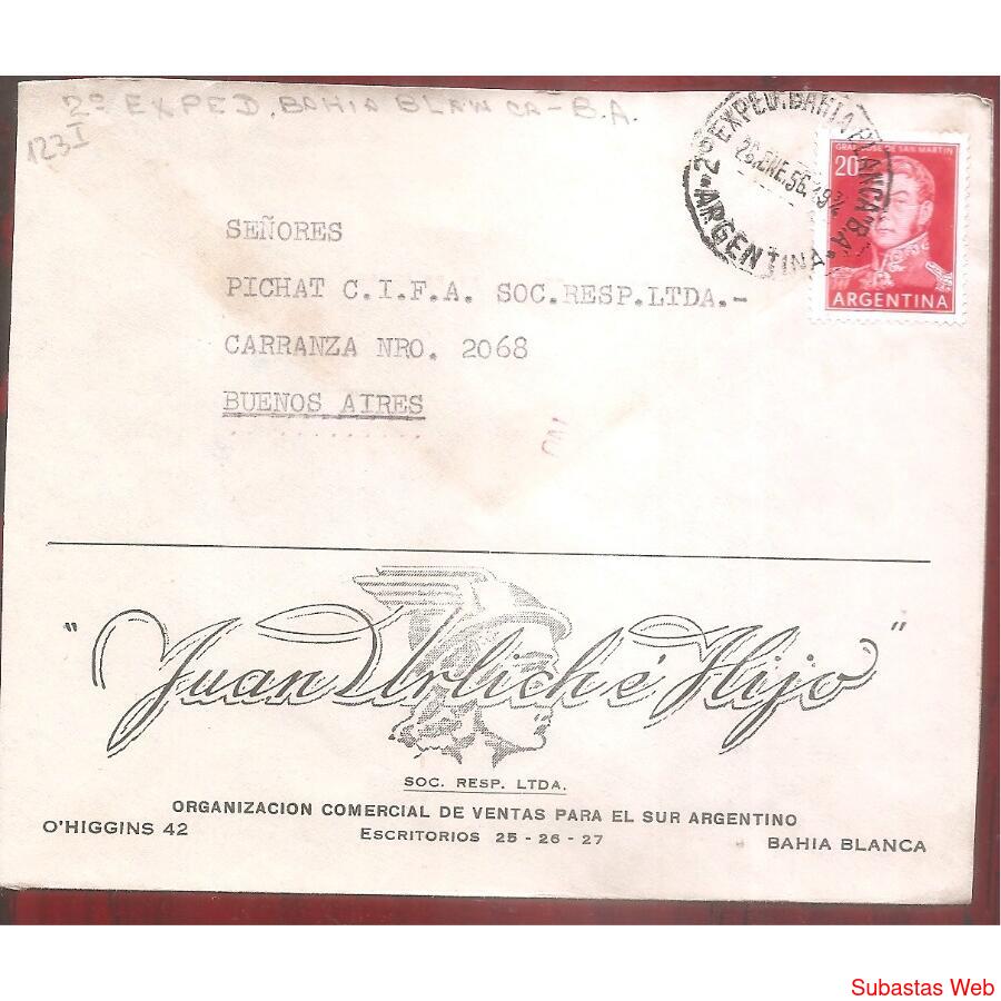 ARGENTINA  1956  SOBRE CIRCULADO  NUMERO 123I