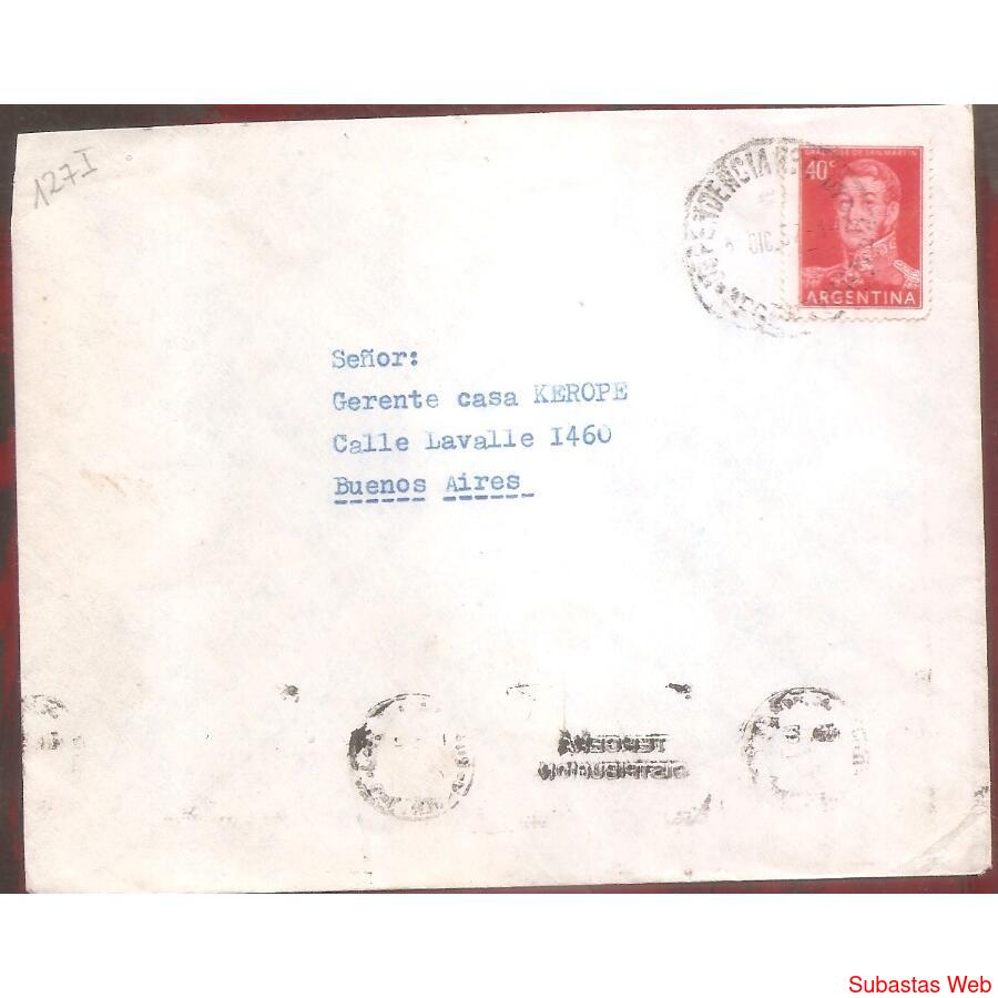 ARGENTINA  1957  SOBRE CIRCULADO NUMERO 127I