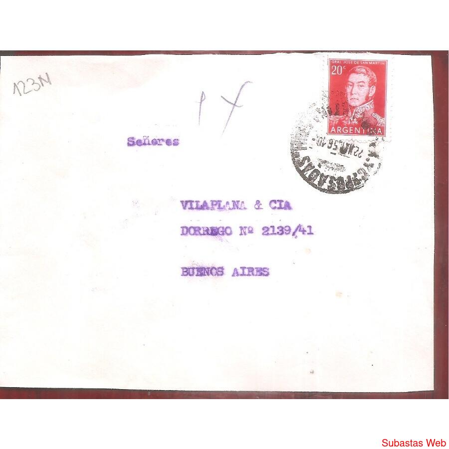 ARGENTINA  1956  SOBRE CIRCULADO  NUMERO  123N