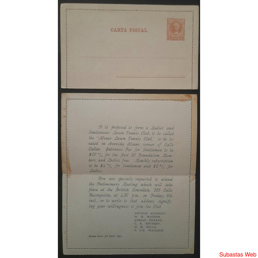 ARGENTINA 1892 GJCAP10 C. POSTAL INVITACIÓN IMPRESA. TENIS@@