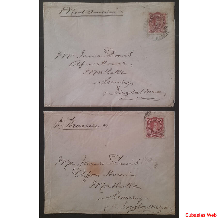 ARGENTINA 1890. GJ54. 2 SOBRES CIRCULADOS A SURREY, UK. LUJO