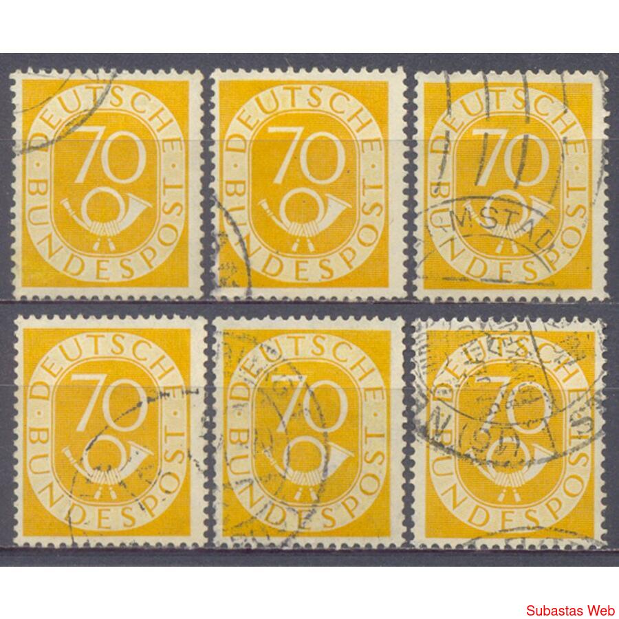 ALEMANIA BDR. Yv 22 LOTE x 6 POSTILLÓN 70pf AMARILLO. € 90