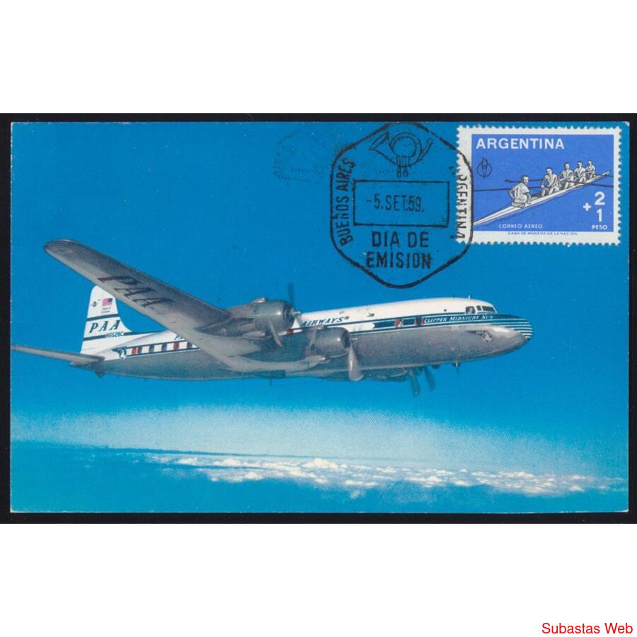 POSTAL DE PAN AMERICAN WOLD AIRWAYS SUPER CLIPPER 6 EN VUELO
