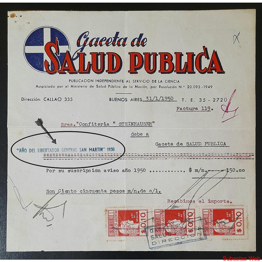 1950 ANTIGUA FACTURA DE LA **GACETA DE SALUD PUBLICA** MIRAR