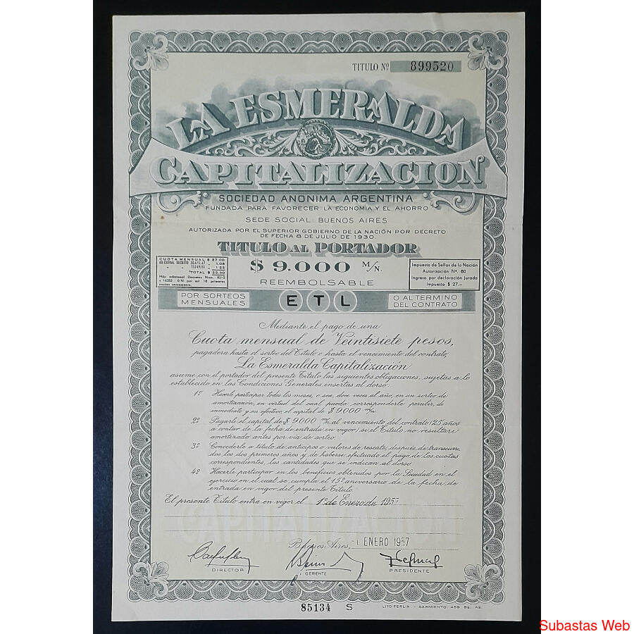 ARGENTINA. 1957 ACCIÓN AL PORTADOR **LA ESMERALDA S. A.**