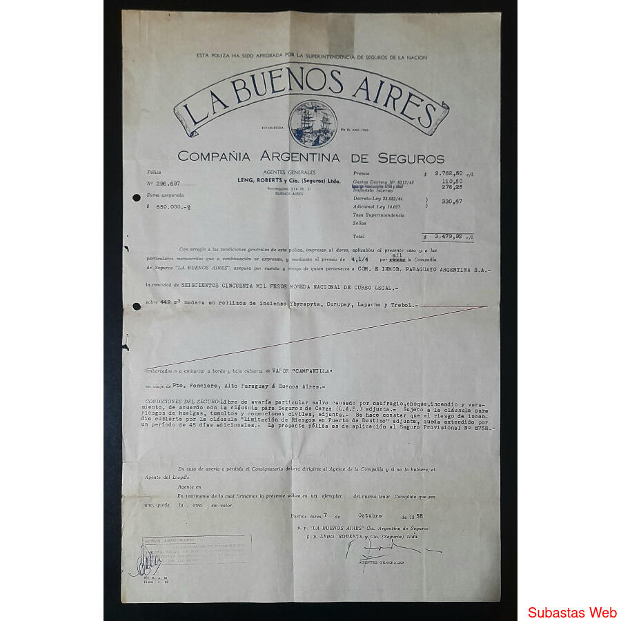 ARGENTINA1957 PÓLIZA DE SEGUROS DE LA BUENOS AIRES. RELIQUIA