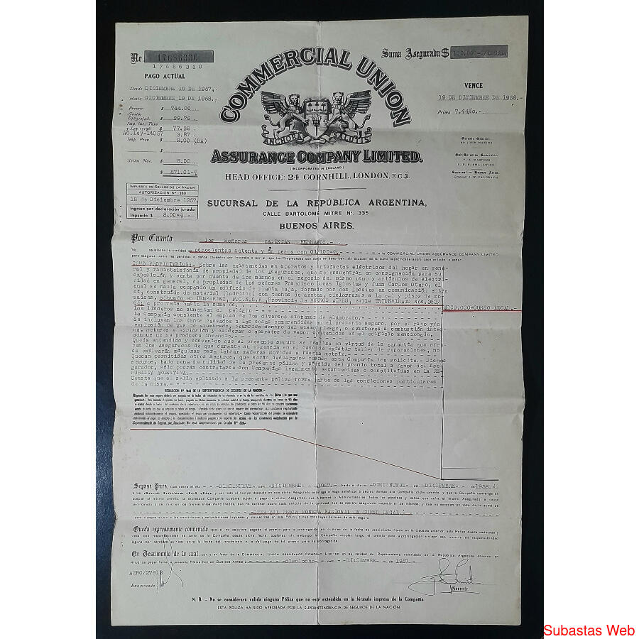 ARGENTINA1958 PÓLIZA DE SEGUROS DE COMMERCIAL UNION RELIQUIA