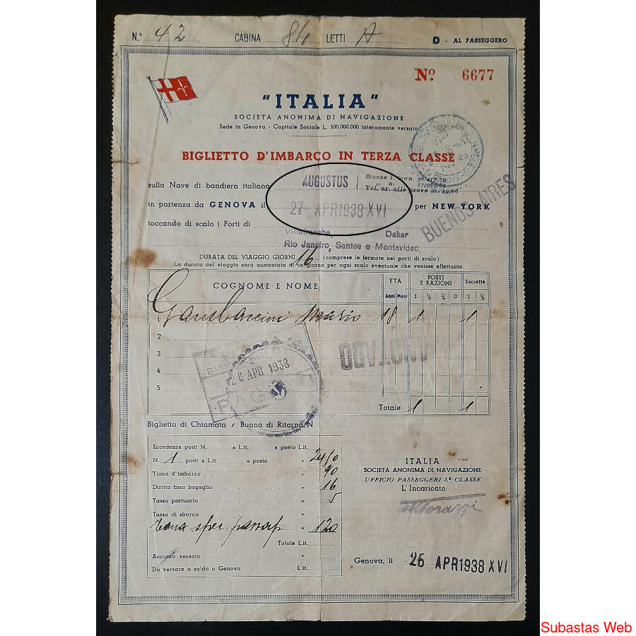 1938 CRUCERO *AUGUSTUS* BILLETE DE INMIGRANTE ITALIANO +++++