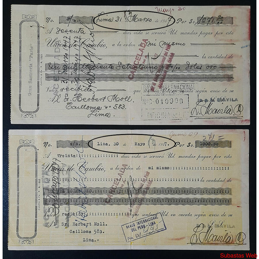PERÚ 1947 DOS ANTIGUAS LETRAS DE CAMBIO. PAGARES. RARAS!!!!