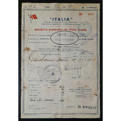 1938 CRUCERO *AUGUSTUS* BILLETE DE INMIGRANTE ITALIANO +++++